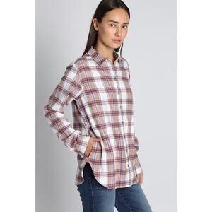 Jach's Girlfriend Womens Shirt Sz L Tan Plaid Flannel Purple Pink Soft Pockets